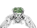White gold Fancy Green Cushion Cut Diamond Solitaire Ring with Milgrain Pavé Band and Four-Prong Setting_301