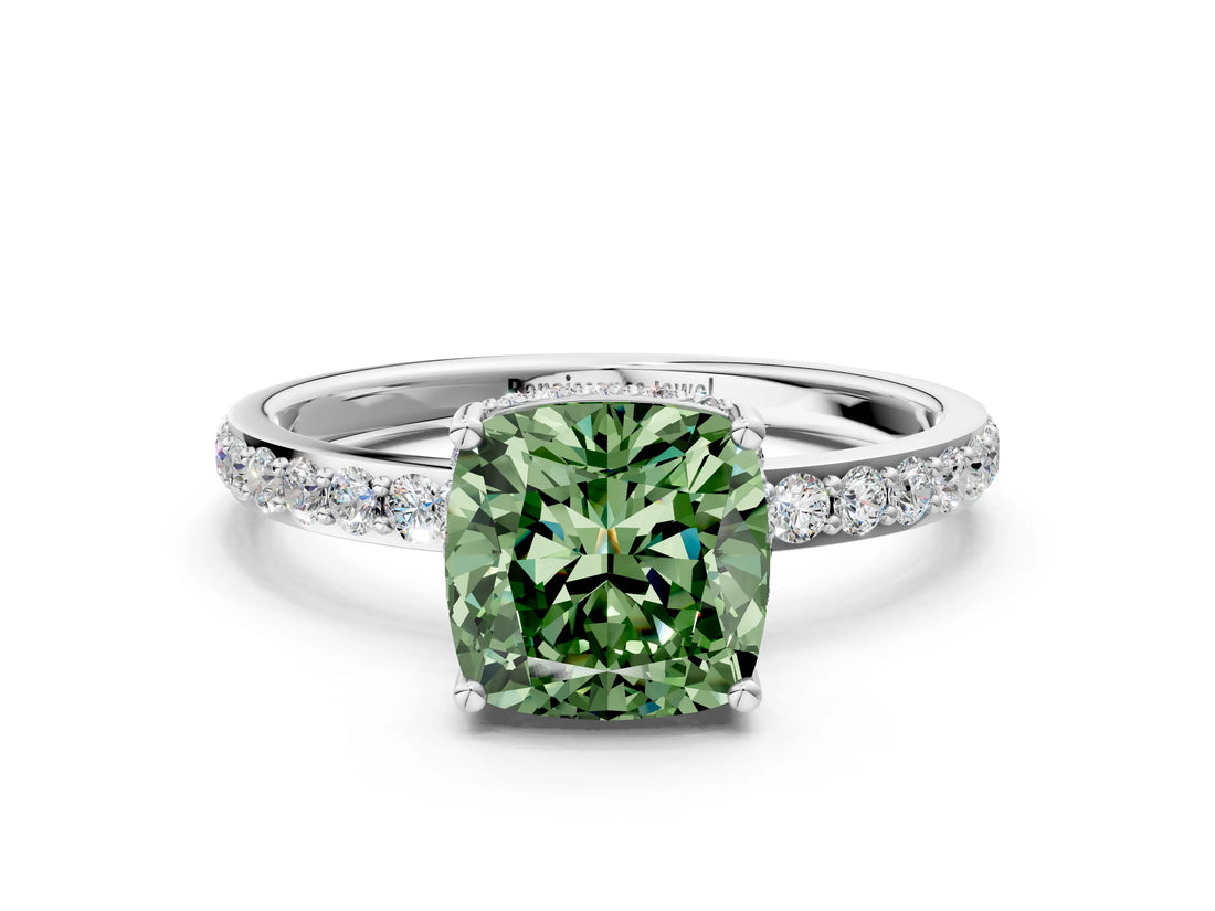 White gold Fancy Green Cushion Cut Diamond Solitaire Ring with Pavé Band and Hidden Halo_27