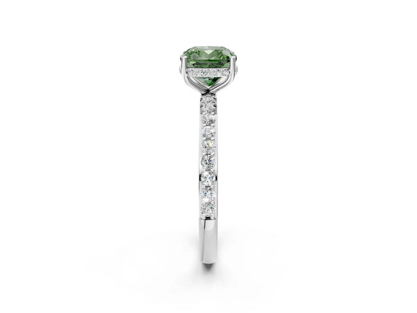 White gold Fancy Green Cushion Cut Diamond Solitaire Ring with Pavé Band and Hidden Halo