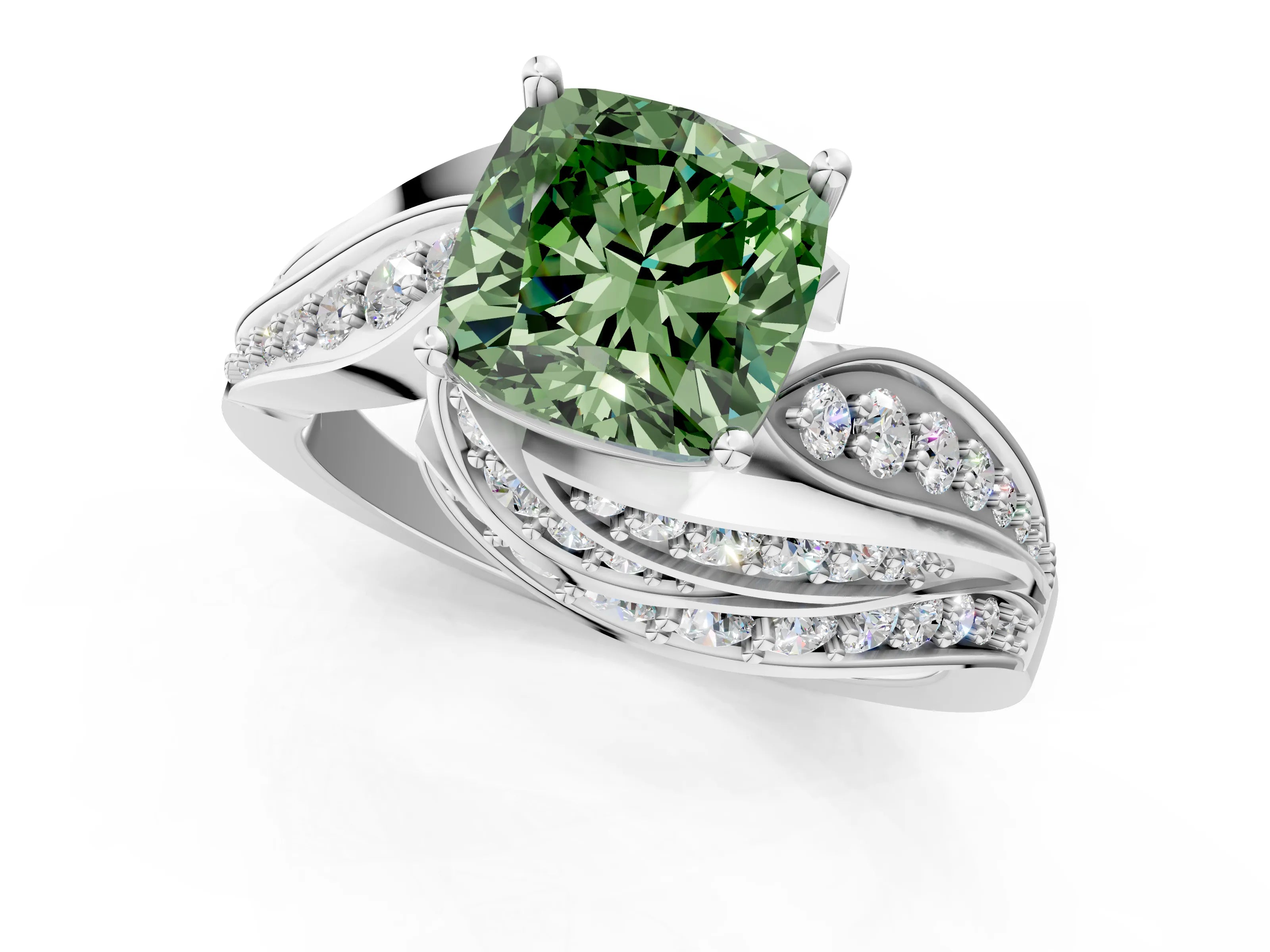 White gold Fancy Green Cushion Cut Diamond Solitaire Ring with Prong Setting and Twisted Pavé Band_1