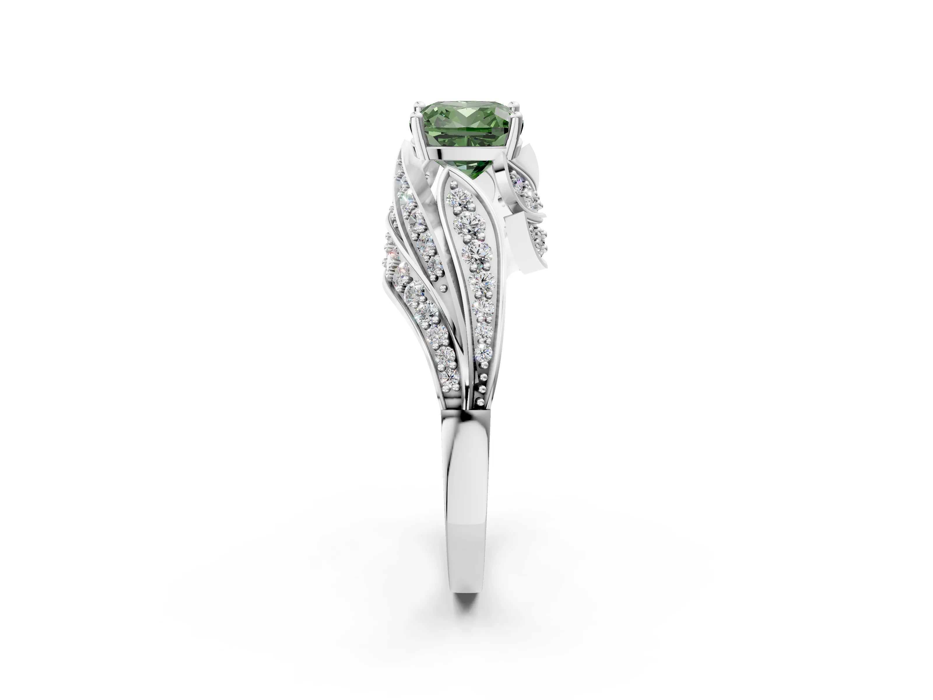 White gold Fancy Green Cushion Cut Diamond Solitaire Ring with Prong Setting and Twisted Pavé Band_2