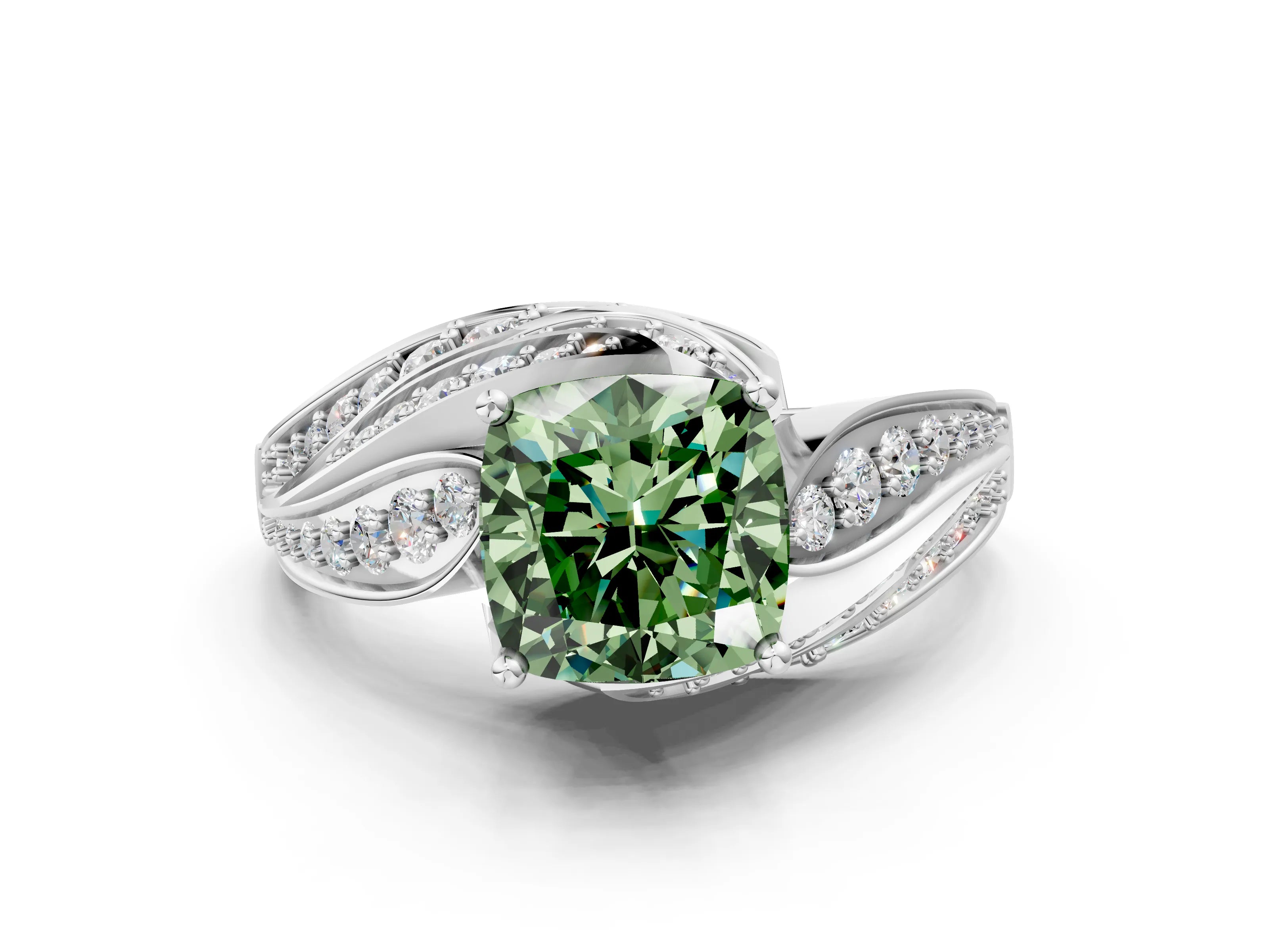 White gold Fancy Green Cushion Cut Diamond Solitaire Ring with Prong Setting and Twisted Pavé Band_24