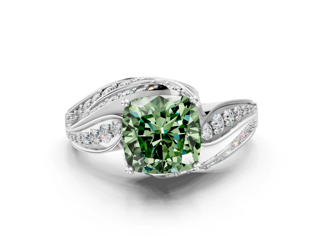 White gold Fancy Green Cushion Cut Diamond Solitaire Ring with Prong Setting and Twisted Pavé Band_24