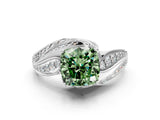 White gold Fancy Green Cushion Cut Diamond Solitaire Ring with Prong Setting and Twisted Pavé Band_24