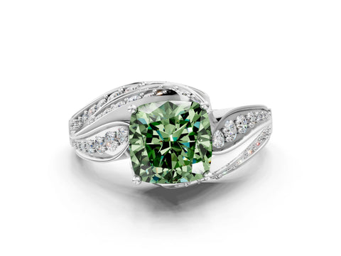 White gold Fancy Green Cushion Cut Diamond Solitaire Ring with Prong Setting and Twisted Pavé Band_24