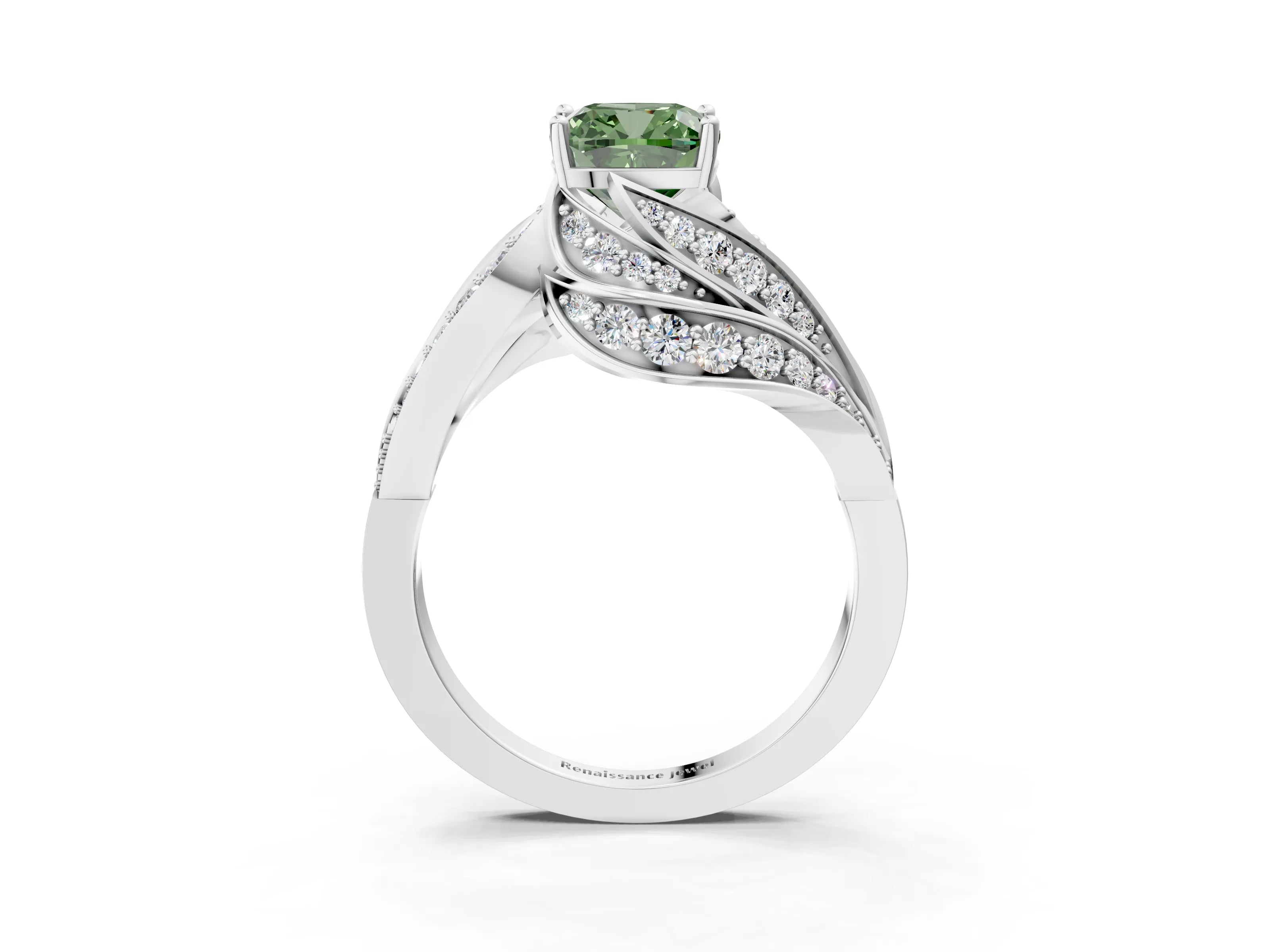 White gold Fancy Green Cushion Cut Diamond Solitaire Ring with Prong Setting and Twisted Pavé Band_27