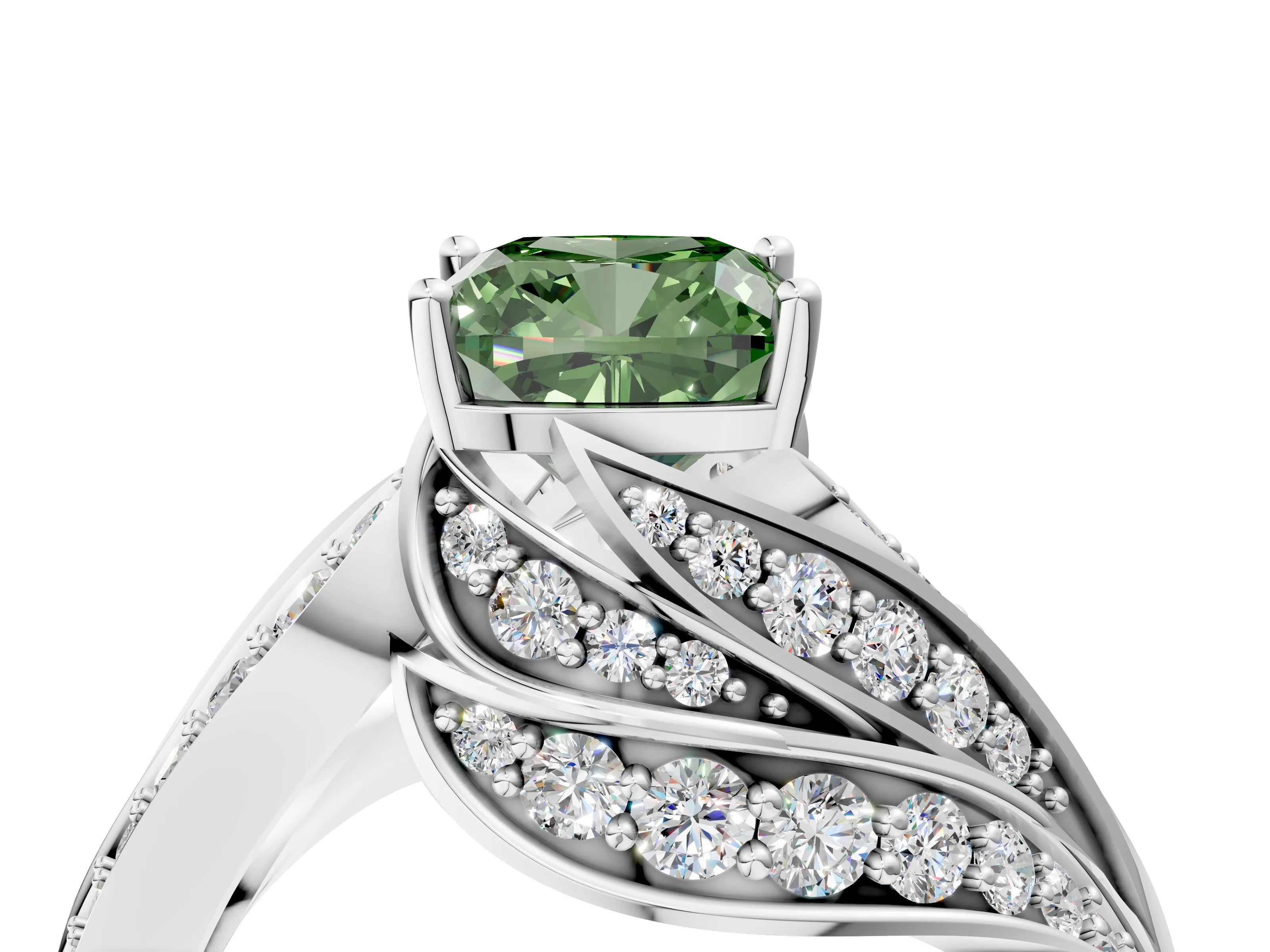 White gold Fancy Green Cushion Cut Diamond Solitaire Ring with Prong Setting and Twisted Pavé Band_28