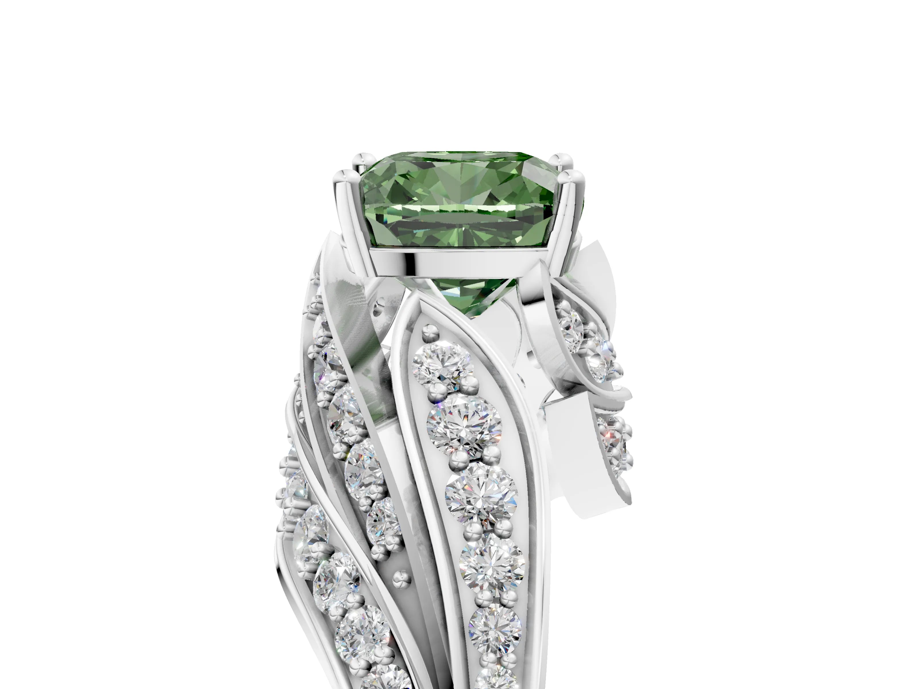 White gold Fancy Green Cushion Cut Diamond Solitaire Ring with Prong Setting and Twisted Pavé Band_29