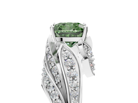 White gold Fancy Green Cushion Cut Diamond Solitaire Ring with Prong Setting and Twisted Pavé Band_29