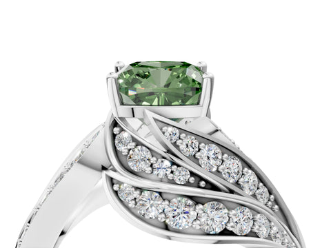 White gold Fancy Green Cushion Cut Diamond Solitaire Ring with Prong Setting and Twisted Pavé Band_4