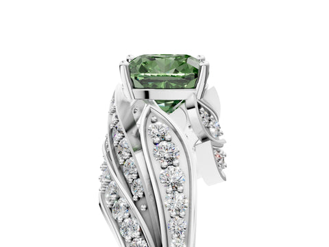 White gold Fancy Green Cushion Cut Diamond Solitaire Ring with Prong Setting and Twisted Pavé Band_5