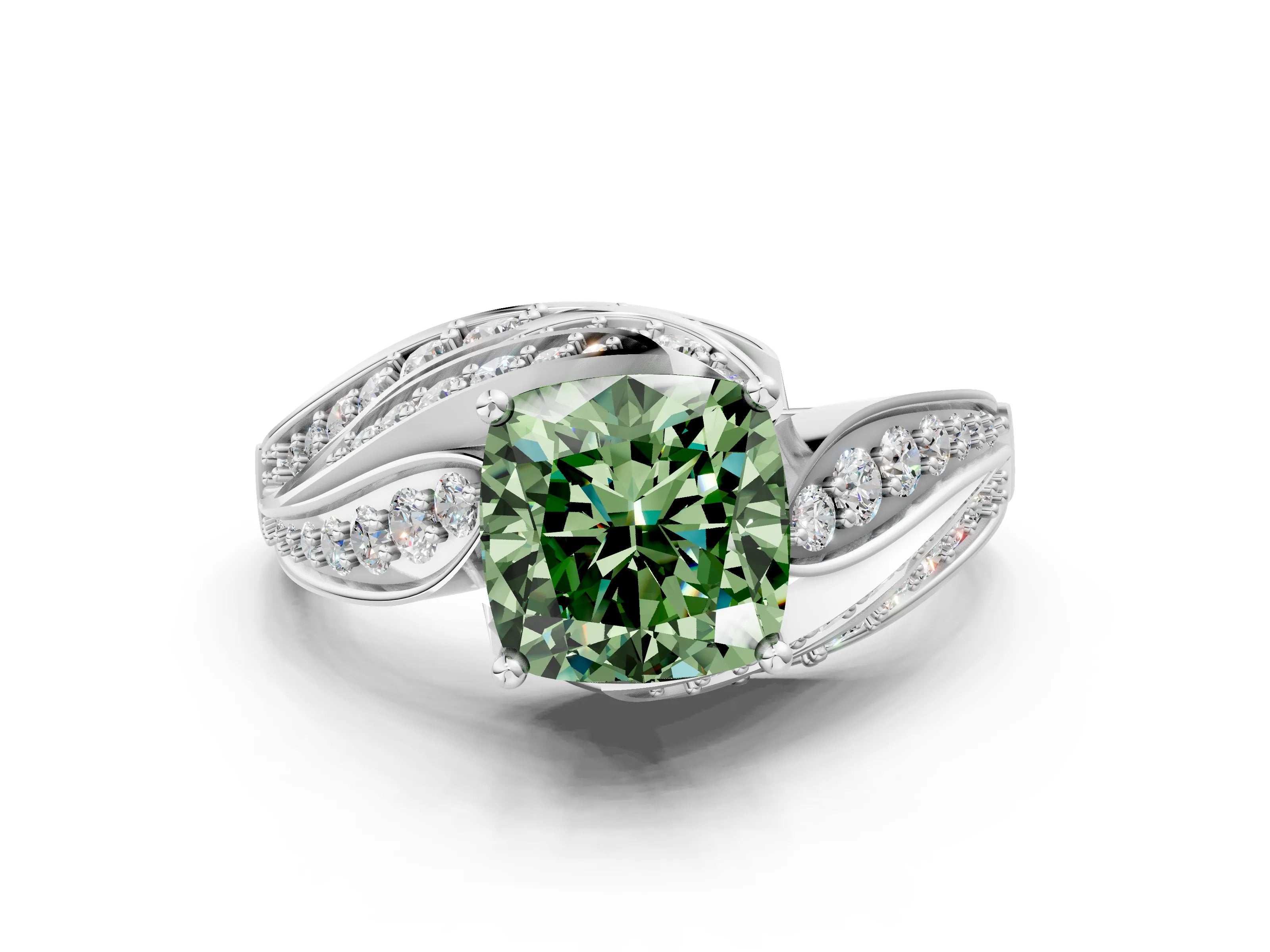 White gold Fancy Green Cushion Cut Diamond Solitaire Ring with Prong Setting and Twisted Pavé Band