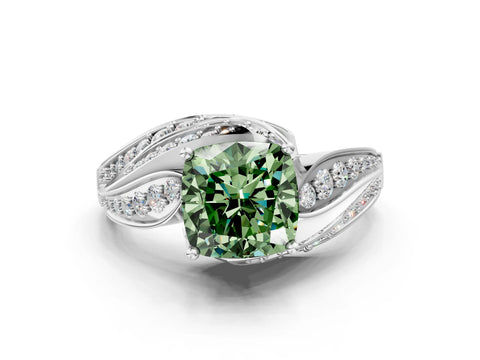 White gold Fancy Green Cushion Cut Diamond Solitaire Ring with Prong Setting and Twisted Pavé Band