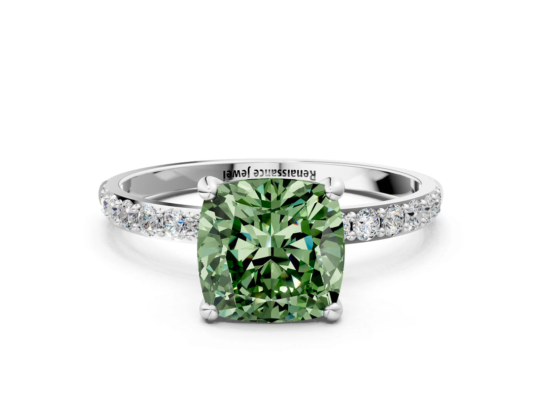 White gold Fancy Green Cushion Cut Diamond Solitaire Ring with Round  Pavé Band and Prong Setting_121