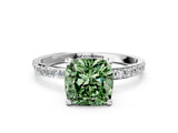 White gold Fancy Green Cushion Cut Diamond Solitaire Ring with Round  Pavé Band and Prong Setting_121