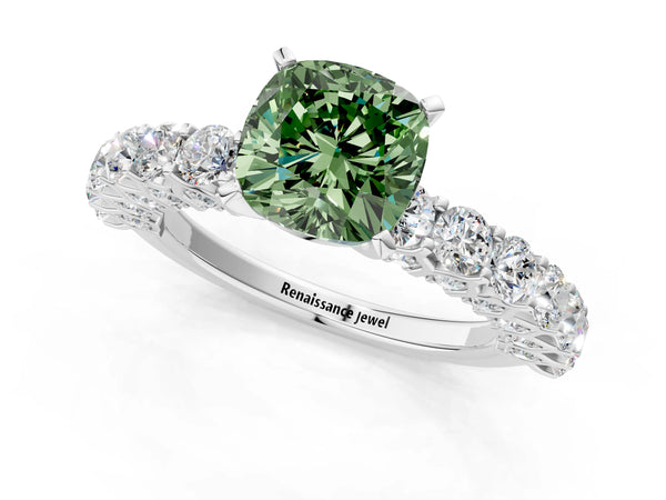 Platinum Cushion Cut Shared Prong Pave Engagement Ring Setting for Fancy Green Center
