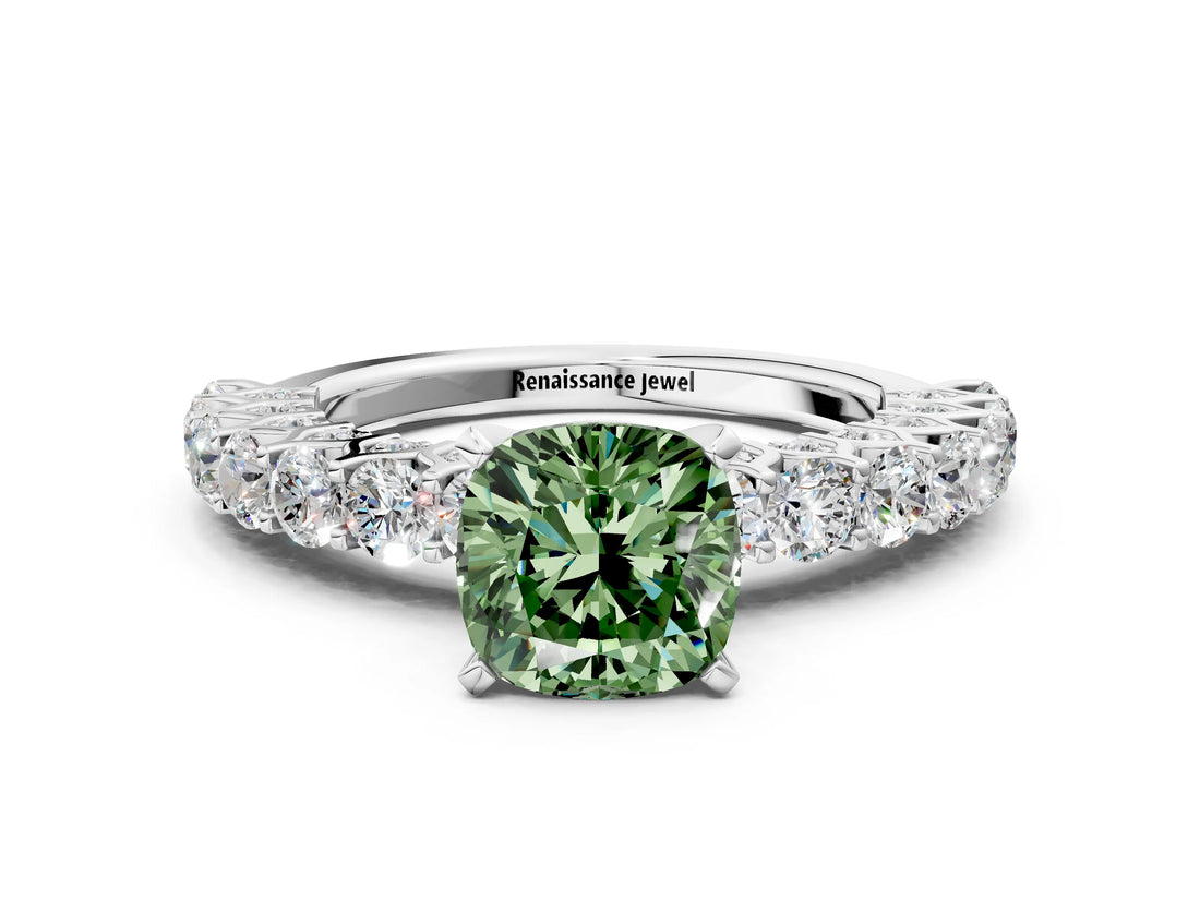 White gold Fancy Green Cushion Cut Diamond Solitaire Ring with Shared Prong Pavé Band and Four-Prong Setting_70