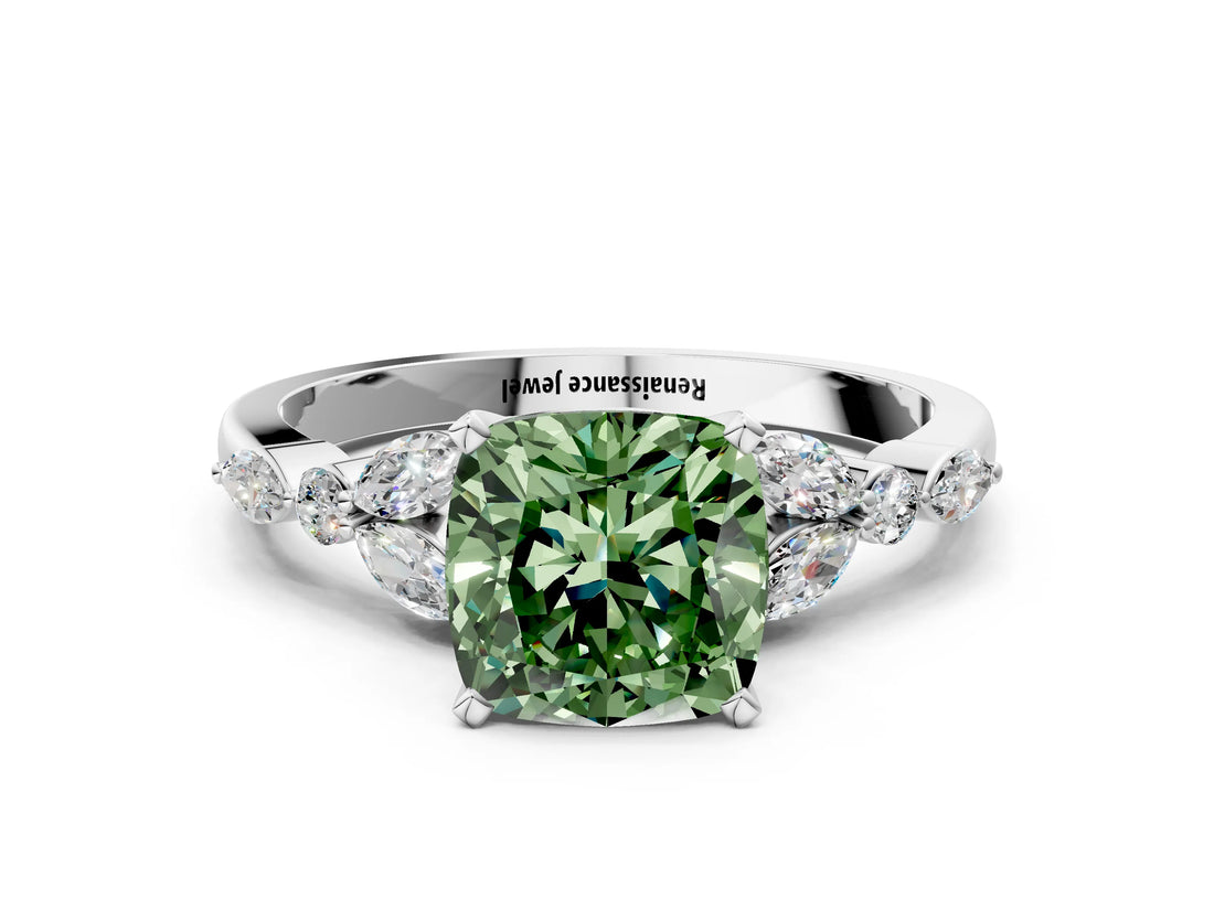 White gold Fancy Green Cushion Cut Diamond Solitaire Ring with Side Stones and Four-Prong Setting_148