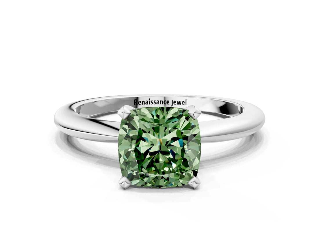 White gold Fancy Green Cushion Cut Diamond Solitaire Ring with Six-Prong Setting and Classic Band_293