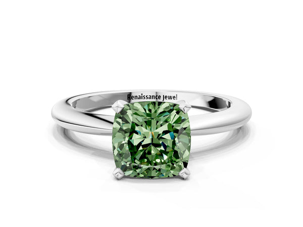 White gold Fancy Green Cushion Cut Diamond Solitaire Ring with Six-Prong Setting and Classic Band