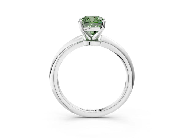 White gold Fancy Green Cushion Cut Diamond Solitaire Ring with Six-Prong Setting and Classic Band