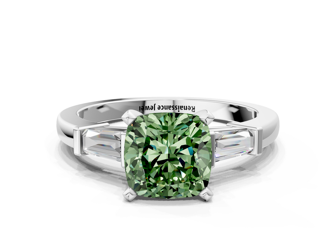 White gold Fancy Green Cushion  Cut Diamond Solitaire Ring with Tapered Baguette Accents and Four-Prong Setting_76