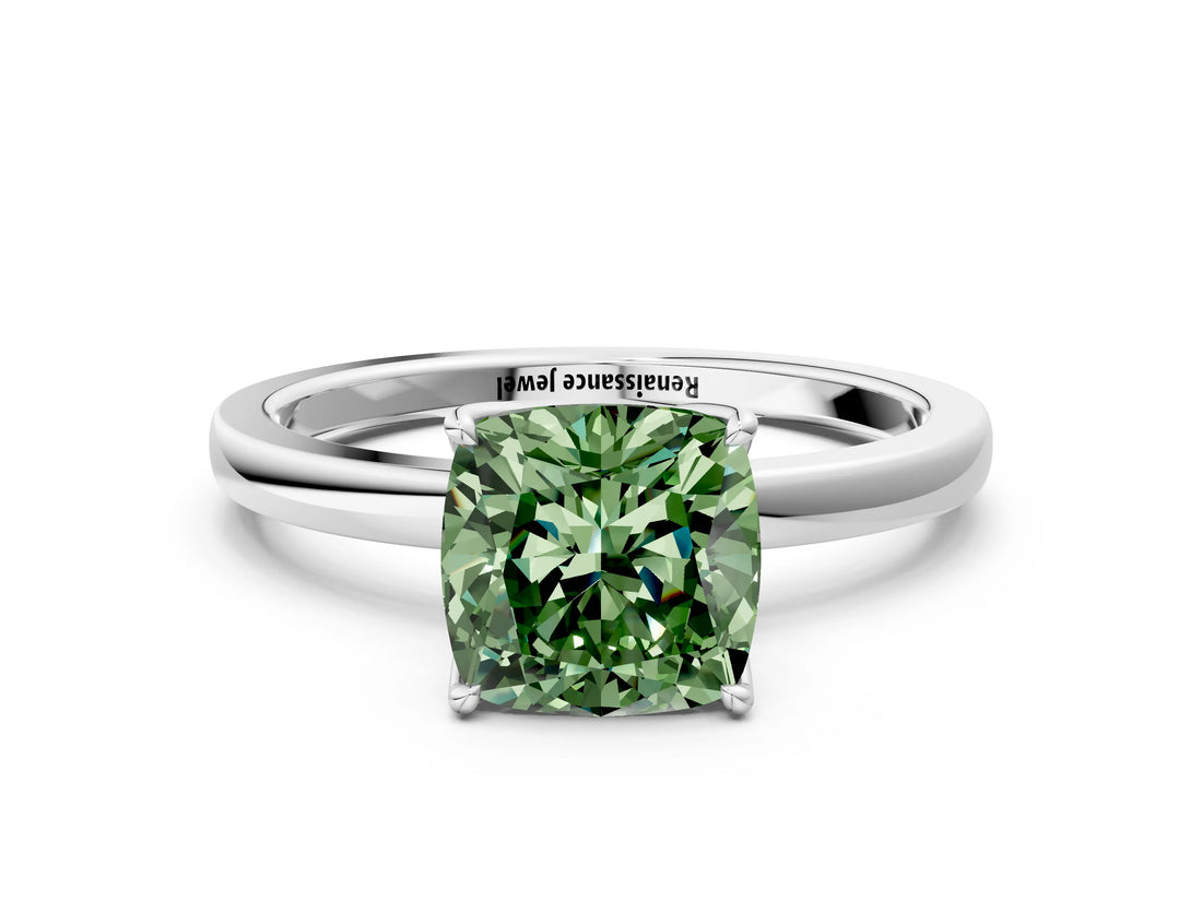 White gold Fancy Green Cushion Cut Diamond Solitaire Ring with Thin Band and Prong Setting_15