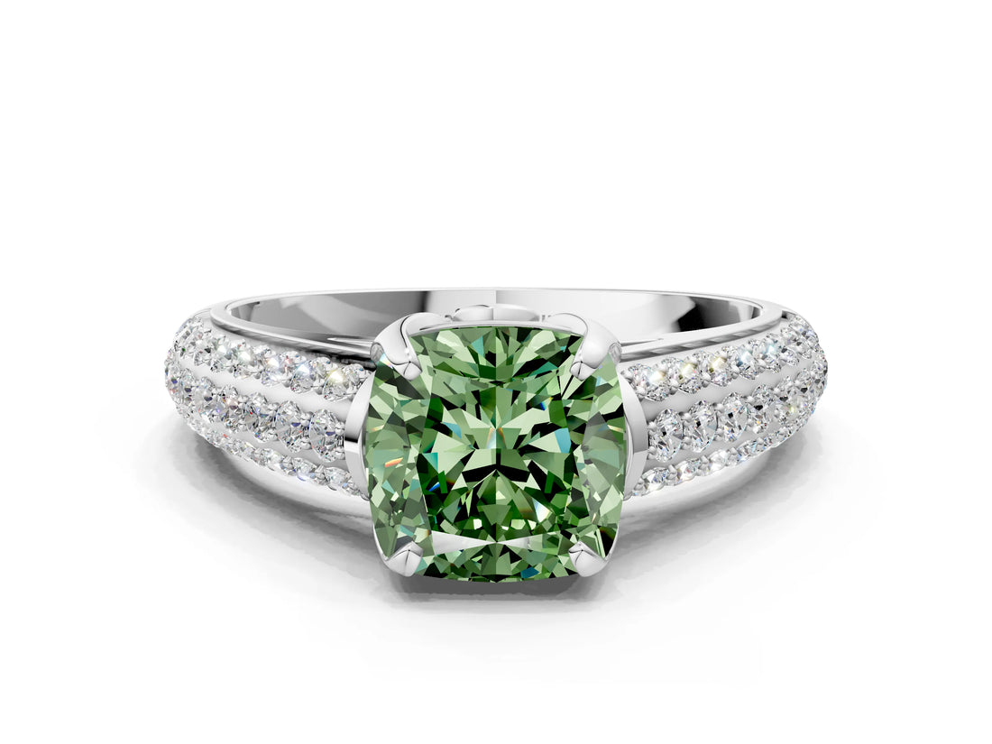 White gold Fancy Green Cushion Cut Diamond Solitaire Ring with Three-Row Pavé Band and Four-Prong Setting_48