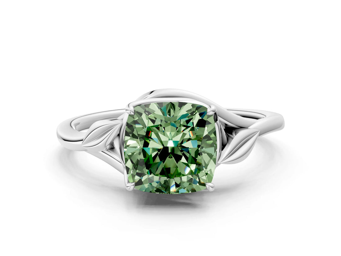 White gold Fancy Green Cushion Cut Diamond Solitaire Ring with Twist Band and Four-Prong Setting_81