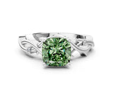 White gold Fancy Green Cushion Cut Diamond Solitaire Ring with Twisted Band and Prong Setting_331