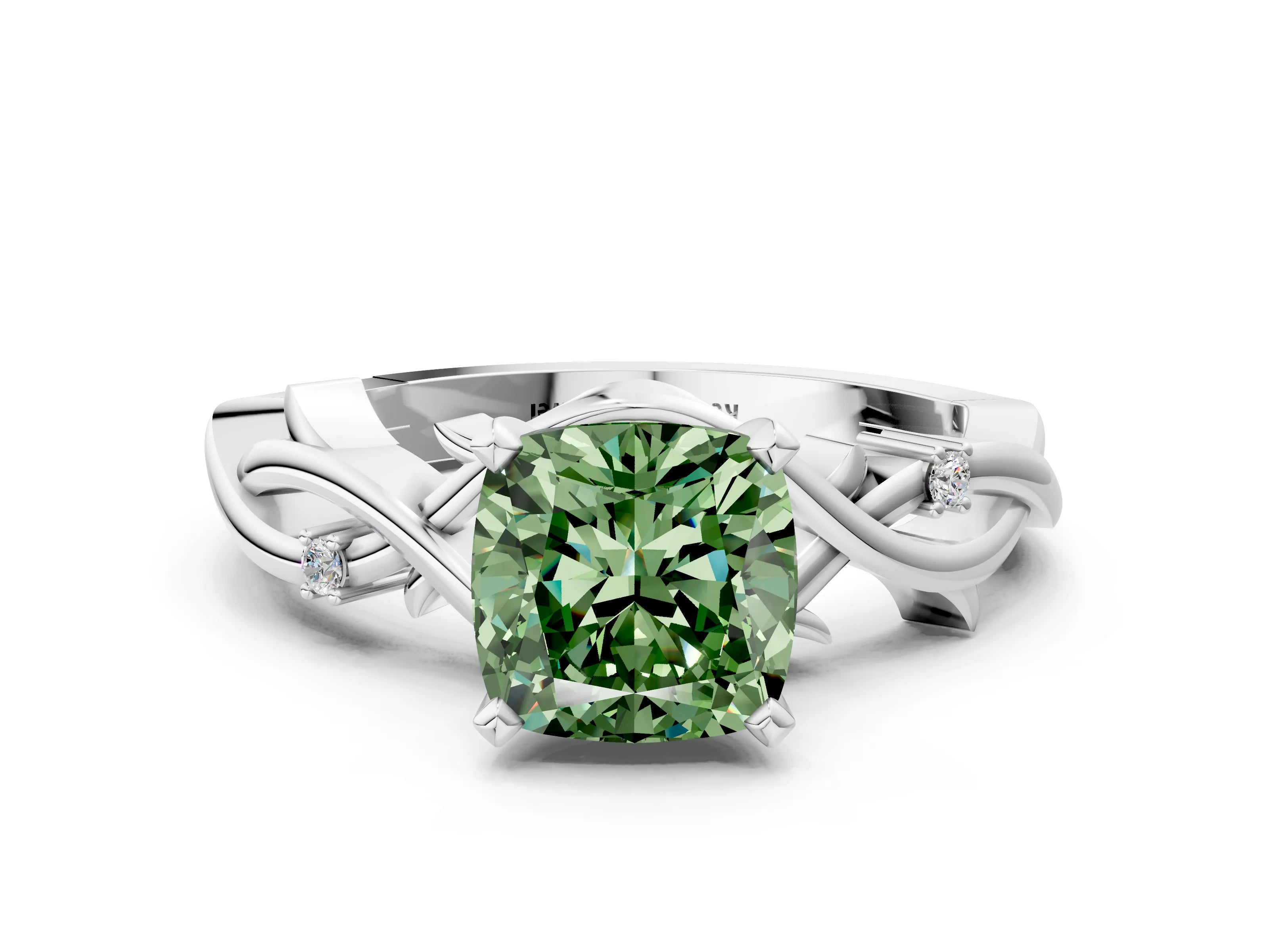 White gold Fancy Green Cushion Cut Diamond Solitaire Ring with Twisted Band and Prong Setting_331
