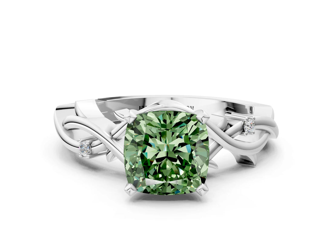 White gold Fancy Green Cushion Cut Diamond Solitaire Ring with Twisted Band and Prong Setting_331