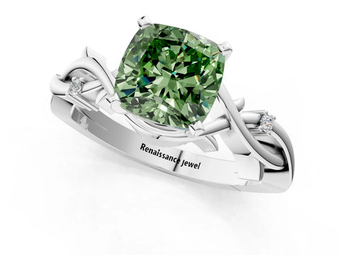 White gold Fancy Green Cushion Cut Diamond Solitaire Ring with Twisted Band and Prong Setting_332