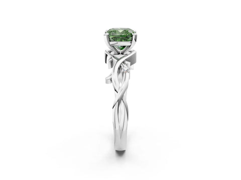 White gold Fancy Green Cushion Cut Diamond Solitaire Ring with Twisted Band and Prong Setting_333