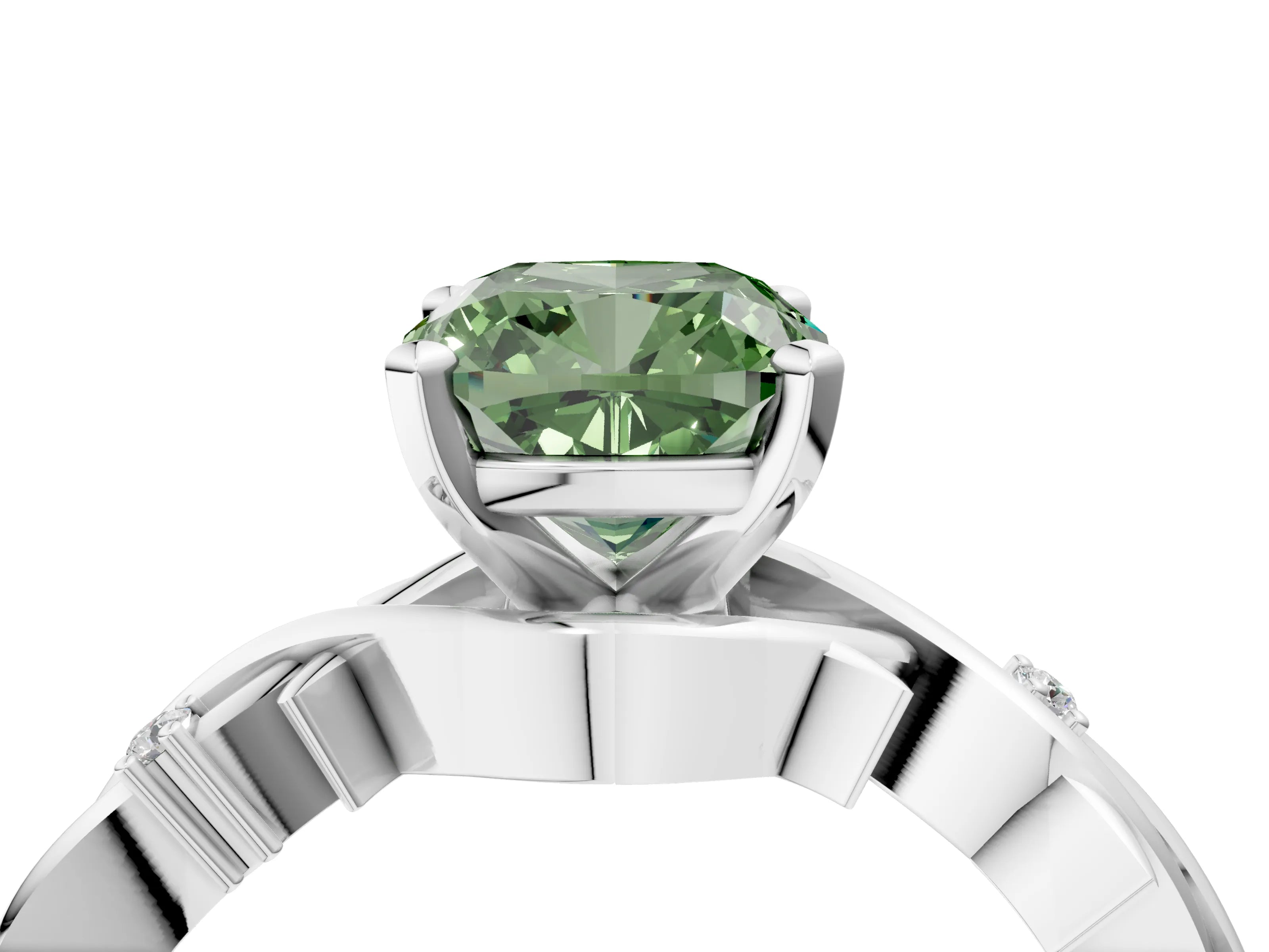 White gold Fancy Green Cushion Cut Diamond Solitaire Ring with Twisted Band and Prong Setting_335