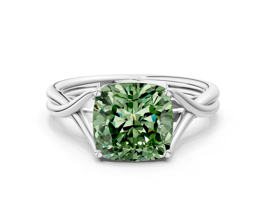 White gold Fancy Green Cushion Cut Diamond Solitaire Twist Band Prong Setting Ring_101