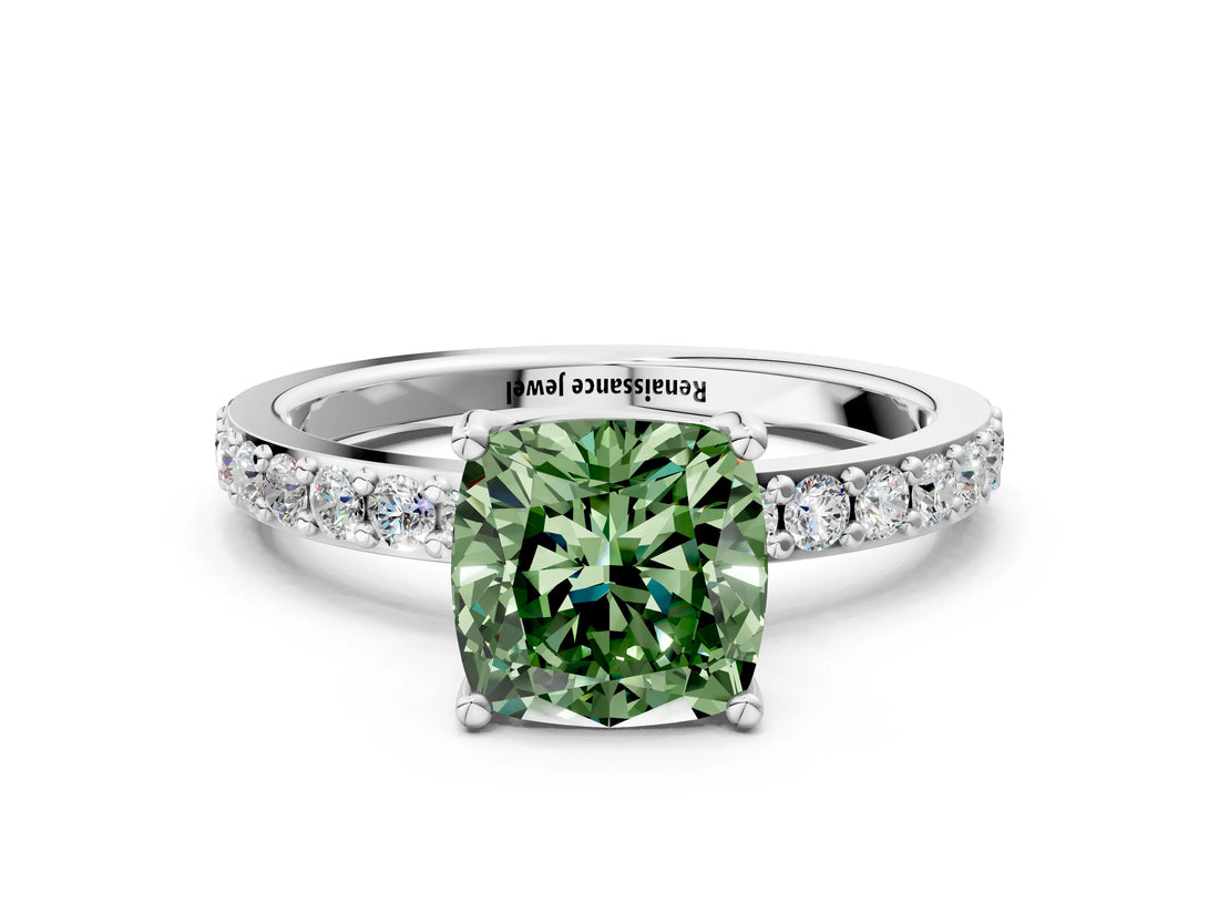 White gold Fancy Green Cushion  Cut Diamond Solitaire with Pave Band and Four-Prong Setting 1