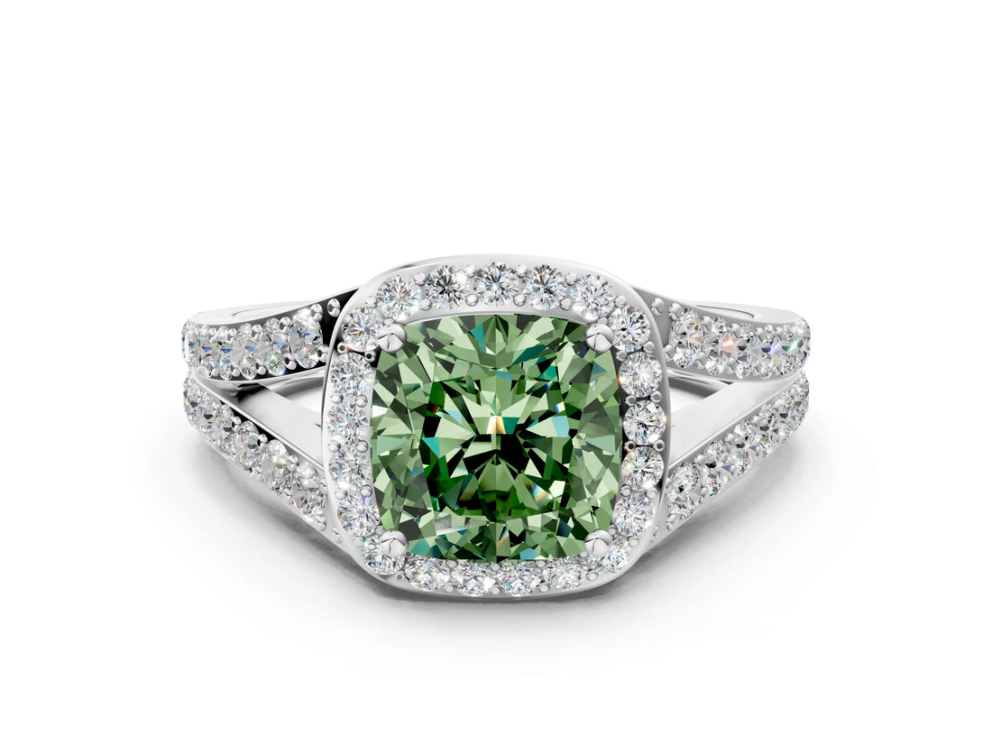 White gold Fancy Green Cushion Cut Diamond Split Shank Halo Ring with Four-Prong Setting_115
