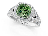 White gold Fancy Green Cushion Cut Diamond Split Shank Halo Ring with Four-Prong Setting_123