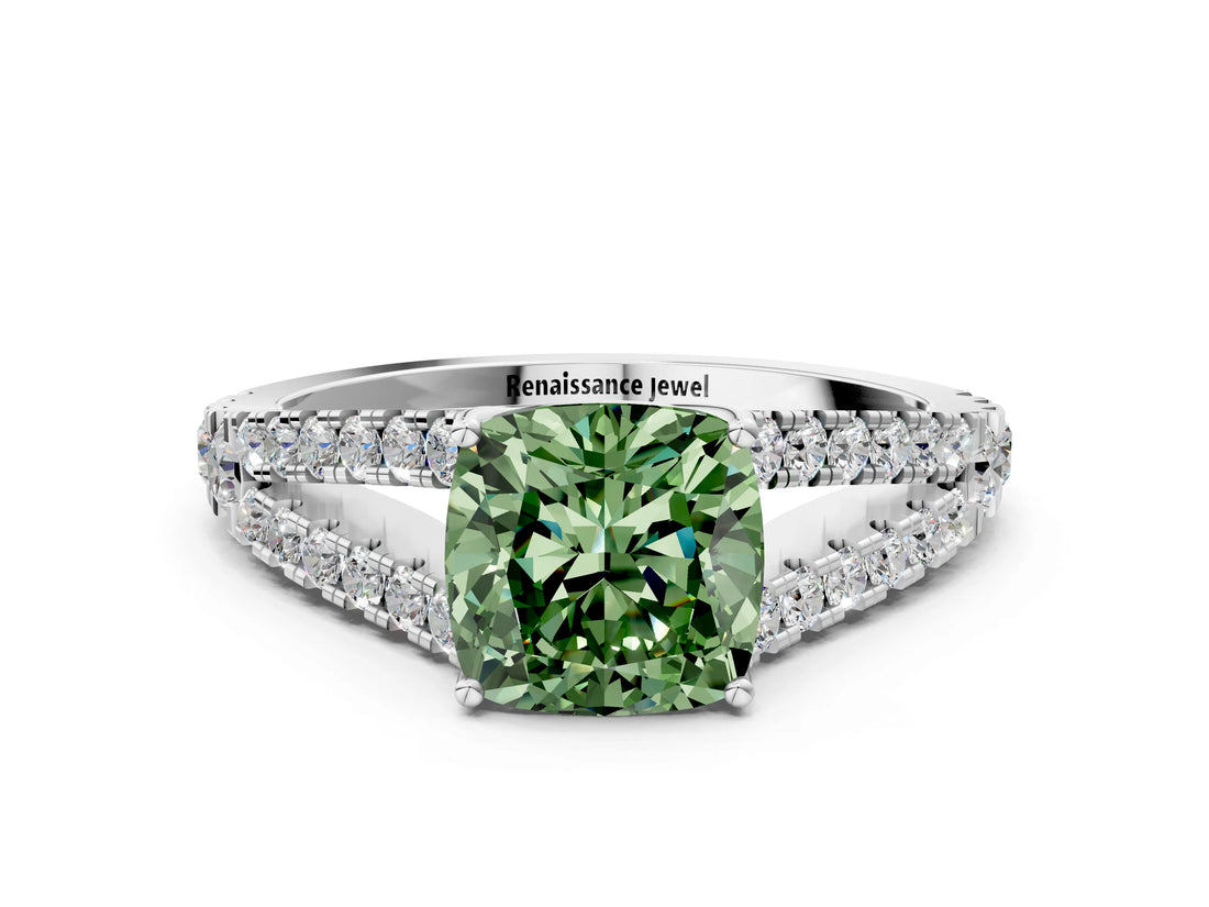 White gold Fancy Green Cushion Cut Diamond Split Shank Pavé Engagement Ring with Four-Prong Setting_128