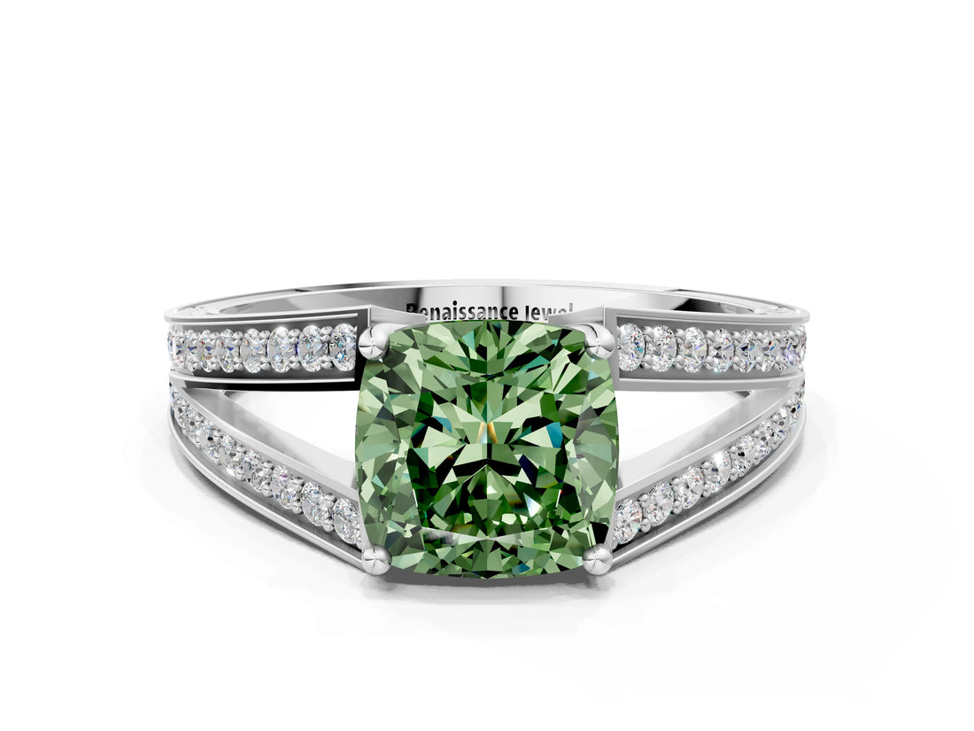 White gold Fancy Green Cushion Cut Diamond Split Shank Ring with Pavé Band and Four-Prong Setting_58