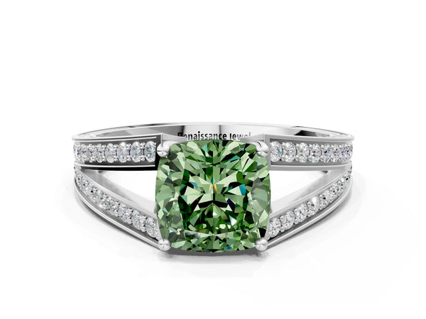 Platinum Cushion Cut Pave Split Shank Engagement Ring Setting for Fancy Green Center