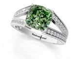 White gold Fancy Green Cushion Cut Diamond Split Shank Ring with Pavé Band and Four-Prong Setting_59