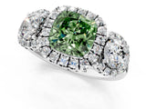 White gold Fancy Green Cushion Cut Diamond Three-Stone Halo Ring with Prong Setting and Pavé Accents_1