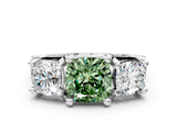 White gold Fancy Green Cushion Cut Diamond Three-Stone Ring with Channel Set Band and Four-Prong Setting_80
