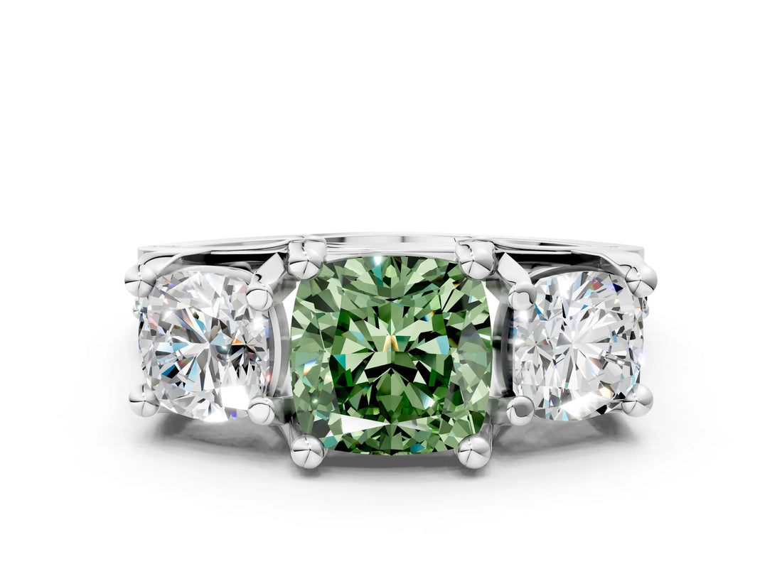 White gold Fancy Green Cushion Cut Diamond Three-Stone Ring with Channel Set Band and Four-Prong Setting_81