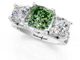 White gold Fancy Green Cushion Cut Diamond Three-Stone Ring with Channel Set Band and Four-Prong Setting_82
