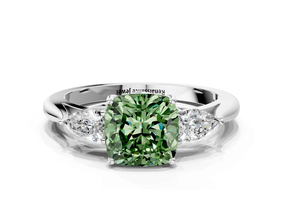 White gold Fancy Green Cushion Cut Diamond Three-Stone Ring with Pear  Side Stones and Prong Setting_126