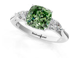 White gold Fancy Green Cushion Cut Diamond Three-Stone Ring with Pear  Side Stones and Prong Setting_127