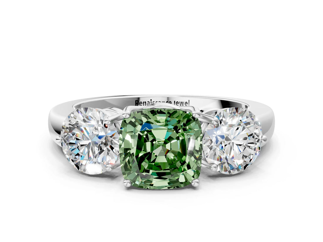 White gold Fancy Green Cushion Cut Diamond Three-Stone Ring with Prong Setting and Classic Band_123
